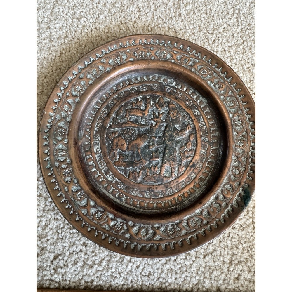 Persian Tinned Copper Repousse Plate Qajar Era Hand Chased Warrior Figural Scene